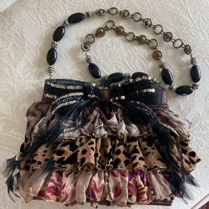 New Mary Frances purse with silk ruffles,black bow and feathers,beaded strap.